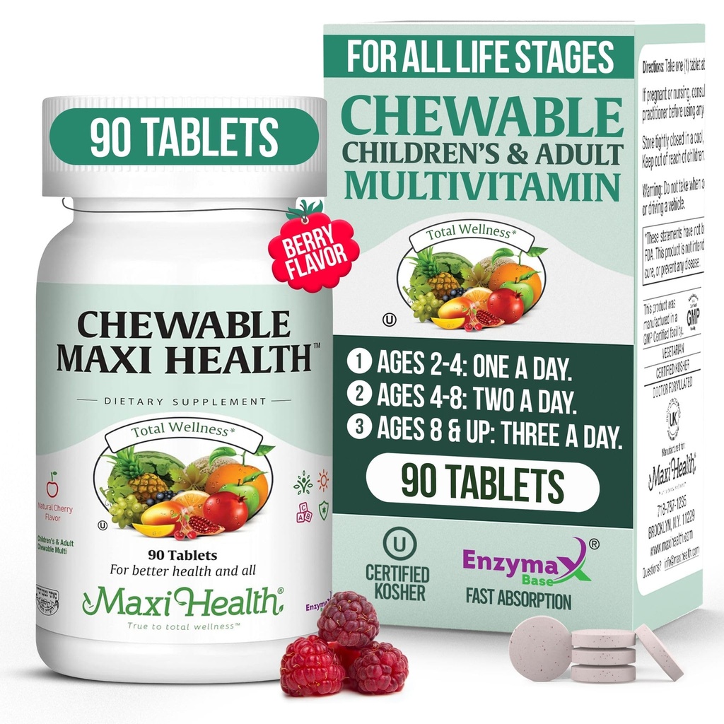 Multivitamina masticabile per bambini, adolescenti e adulti - Cherry Vitamine masticabili per adulti e bambini - Kosher Kids Multivitamin + Ferro (90 compresse)
