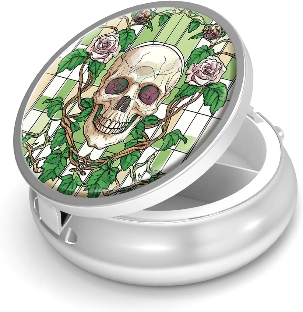 Pill Box-3 Compartment Piccolo caso di pillole per il contenitore di viaggio del supporto del tubo del metallo del vaso &amp; della tasca per tenere i supplementi Vitamine BPA-Free (Skull e Rose)