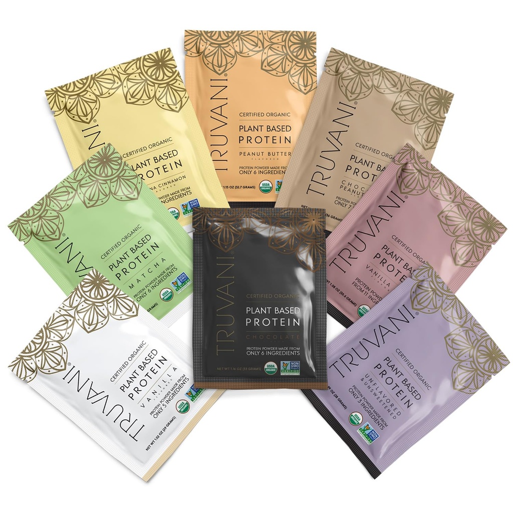 Truvani Vegan Pea Protein Powder | Sample Pack | 20g Organic Plant Based Protein | 8 Single Serving Packets | Keto | Gluten & Dairy Free | Low Carb | No Aggiunto Sugar