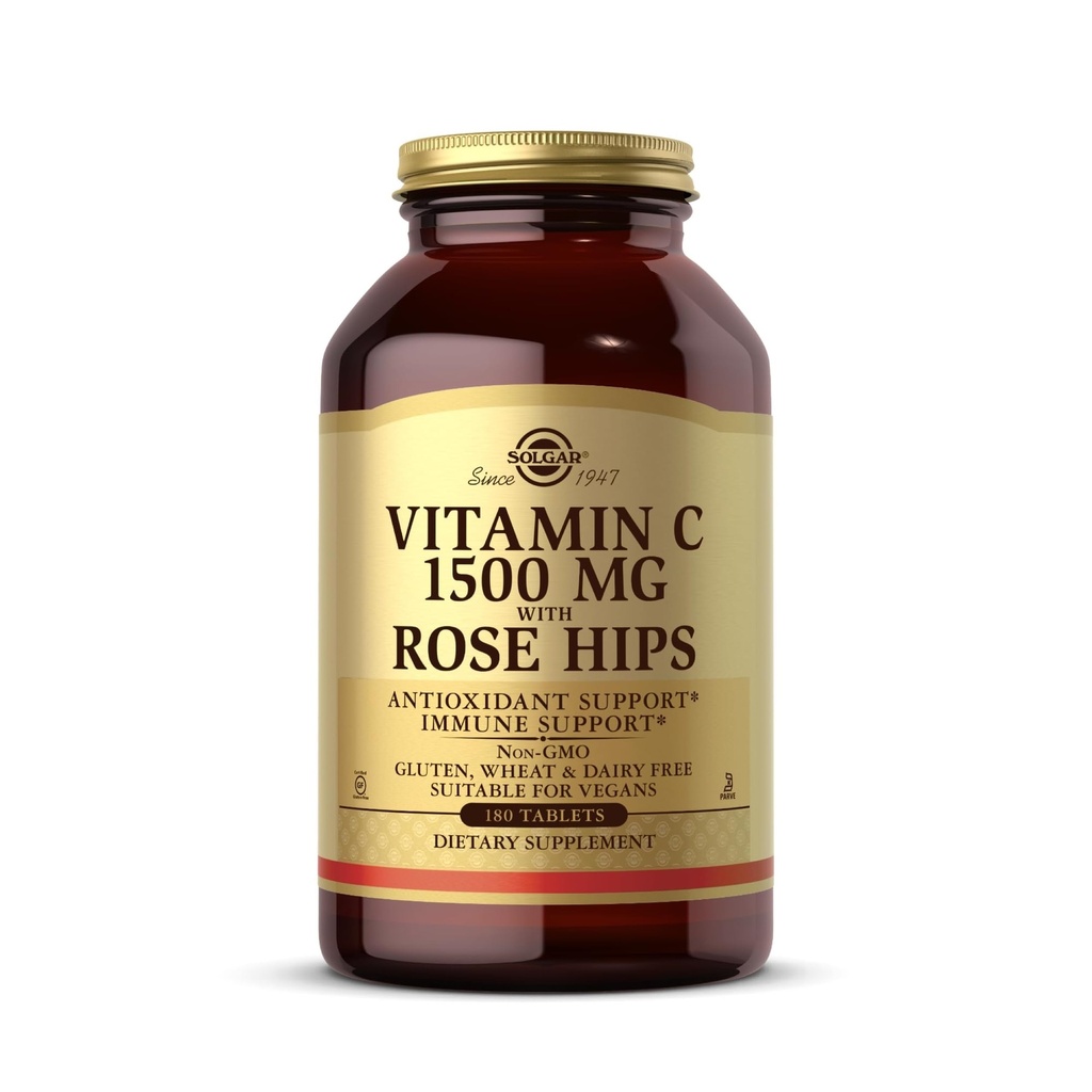Solgar Vitamin C 1500 mg con Rose Hips, 180 compresse - Antiossidante e supporto immunitario - Salute complessiva - Supporta la pelle sana e articolazioni - Non OGM, Vegan, Gluten Free, Dairy Free, Kosher - 180 Serve