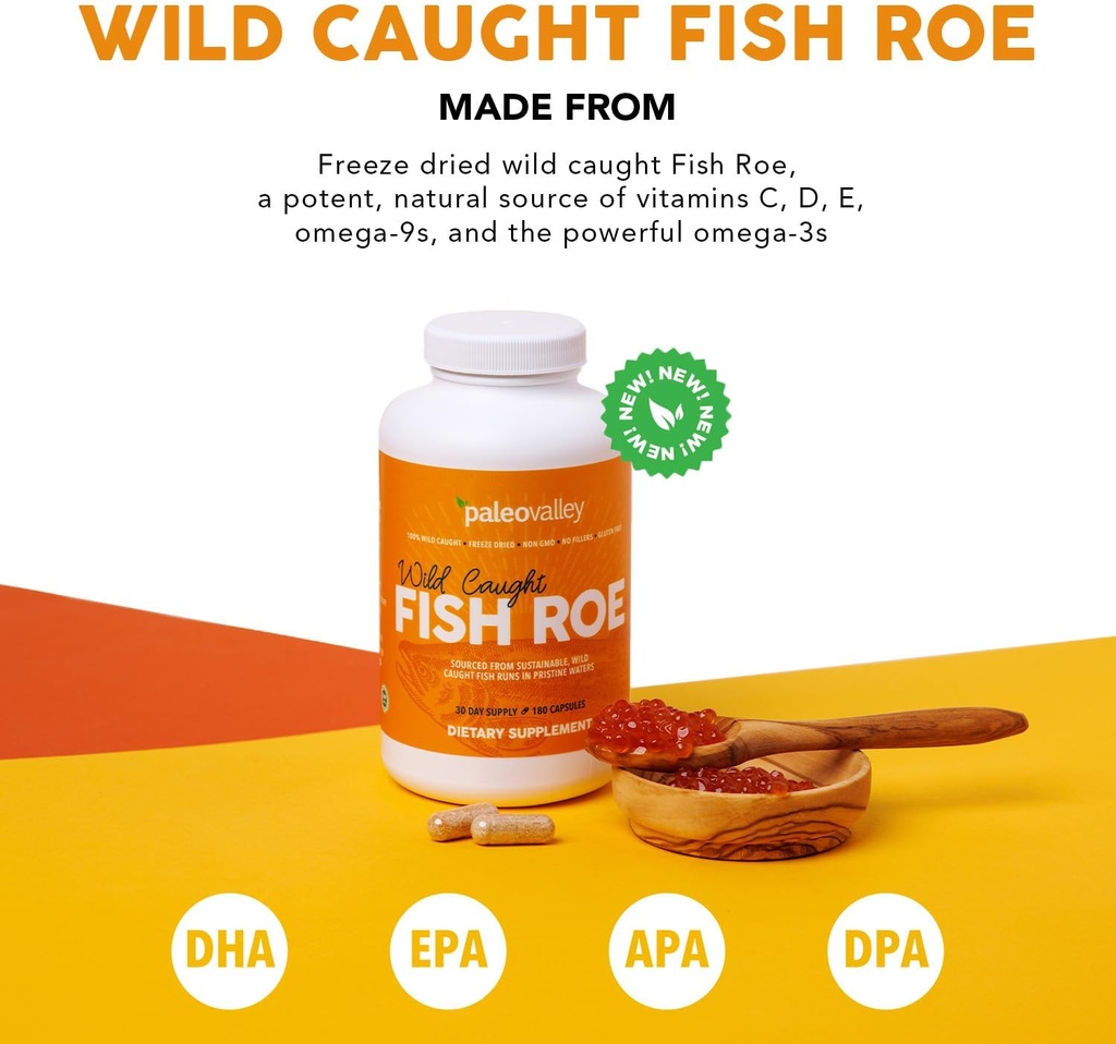 Paleovalley Wild Caught Fish Roe - DHA/EPA, Full Spectrum Omega -3 Grassty Acids - Inflammation, Vision, Mood, Immunity Boost - 28 Serve