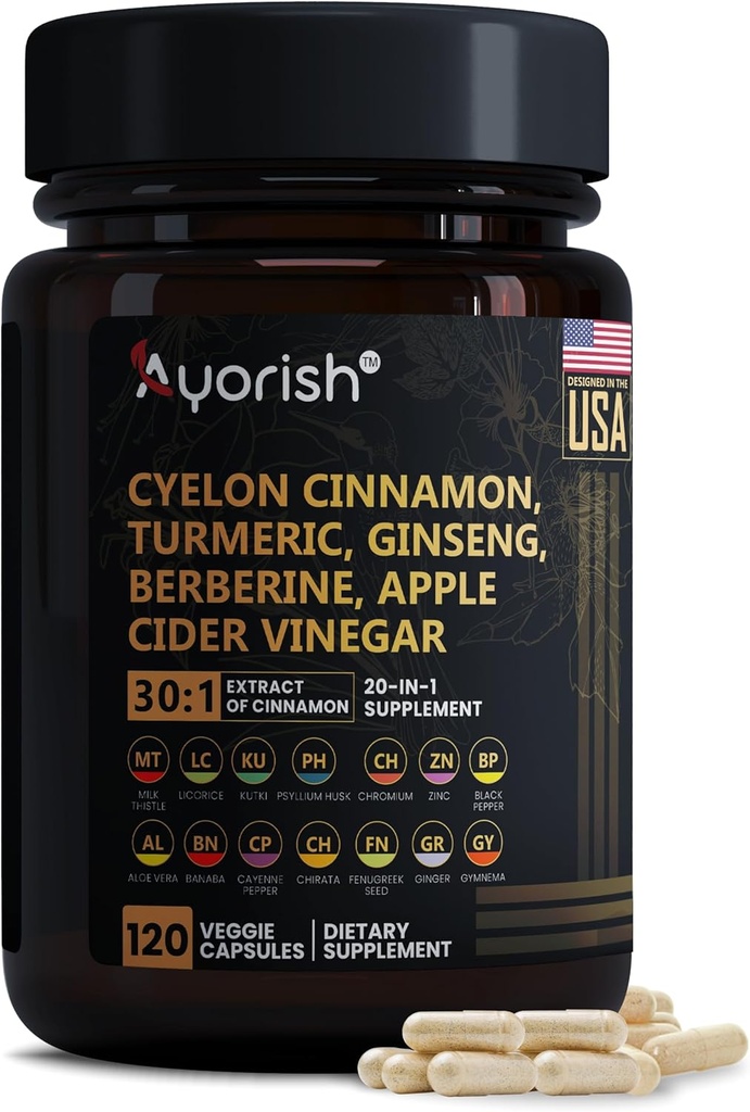 Ceylon Cinnamon Capsule 30:1 Estratto Equivalente a 9000mg | Turmerico, Ginseng, Aceto di Mele Berberine Plus Bitter Melon Gymnema, Kutki, Chirata 120 Veg Capsule – 60 giorni di alimentazione