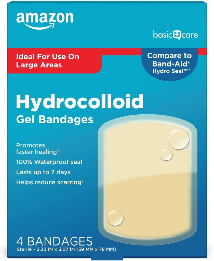 Cura di base Advanced Fast Healing Hydrocolloid Gel Bandages, Large Wound Dressing, 4 ct