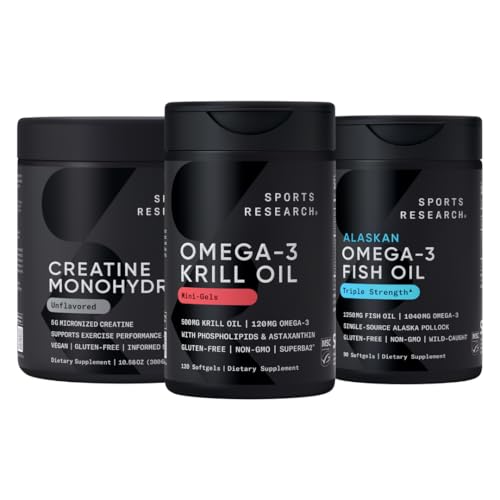 Ricerca sportiva Creatina Monoidrato potenziato da Omega Power House Antartico Krill & Fish Oil con tripla resistenza EPA DHA e Phospholipids, Choline & Astaxanthin - Adatta per i campioni
