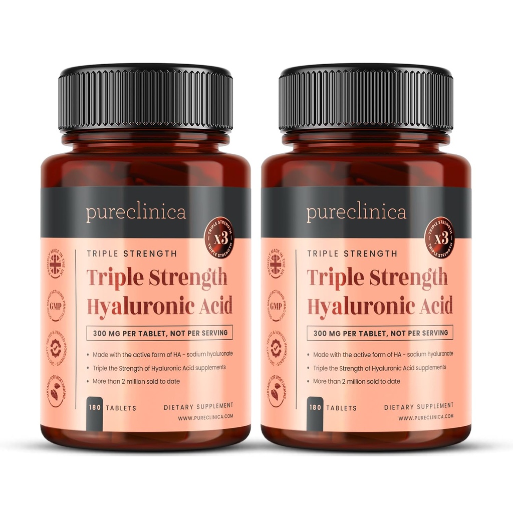 pureclinica Acido Ialuronico 300mg x 360 Compresse (2 Bottiglie di 180-12 Mesi di Alimentazione). Acido ialuronico a tripla resistenza. 300% più forte di qualsiasi altro tablet HLA.
