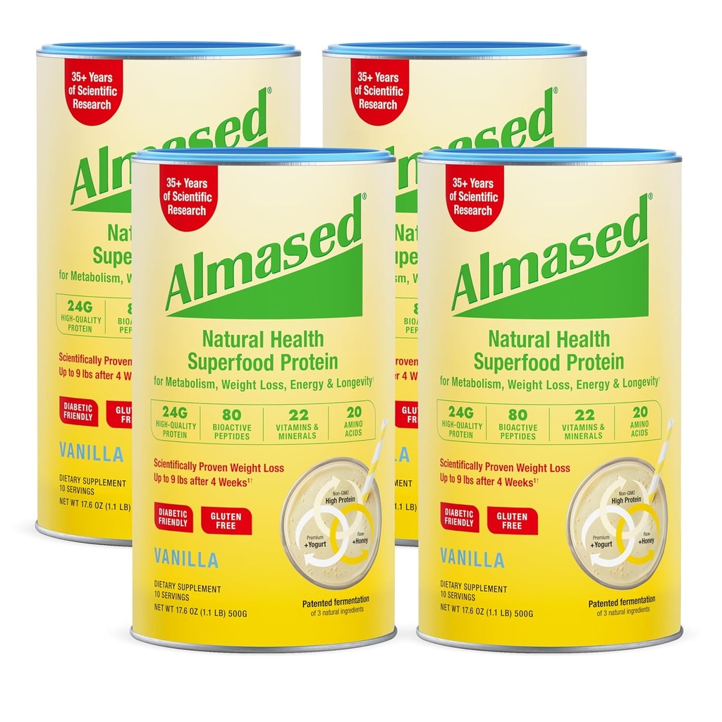 Agitazione di sostituzione della farina di vaniglia almased - Basso-Glycemic High Plant Base Protein Powder- Integratore nutrizionale del supporto alla salute del peso - Vanilla Flavor - 17.6 oz (1.1 Pound (4 Pack)