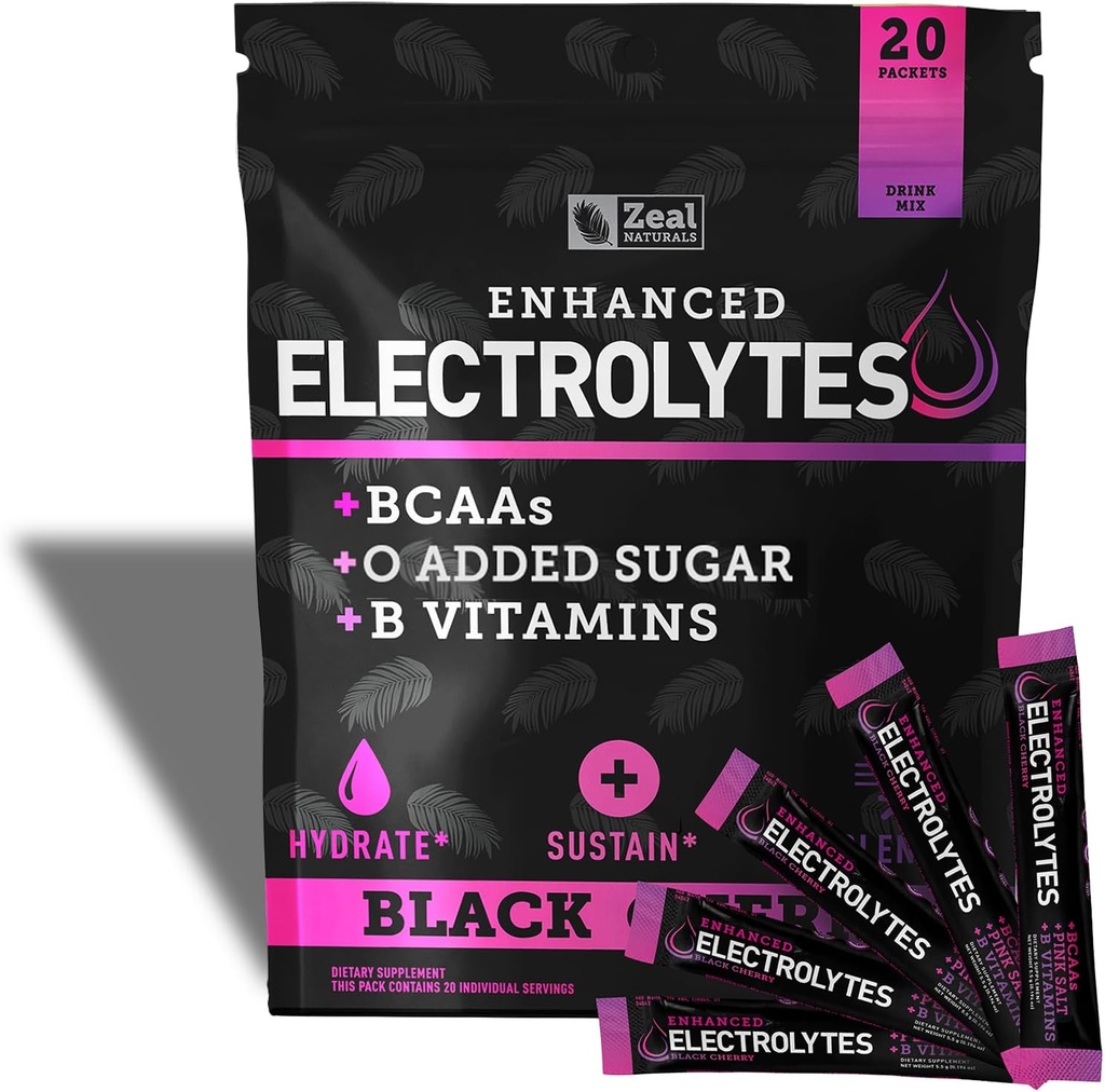 Pacchetti di bacchette di elettrolito migliorati (Black Cherry | 20 Packets) w/ 0 Zucchero +BCAAs +B-Vitamins Integratore elettrolitico w Potassium Zinc & Magnesio per l'idratazione - Keto Electrolytes