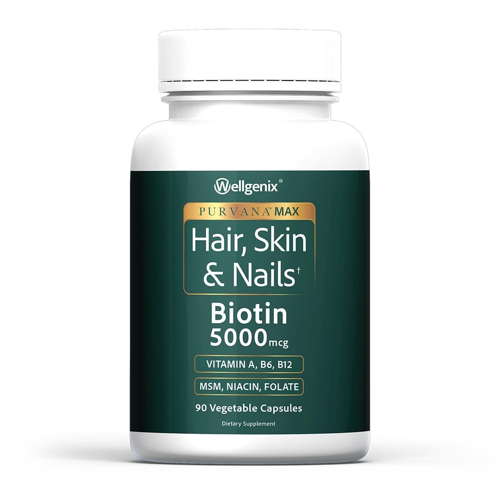 Wellgenix Purvana Max Hair, Skin & Nails Vitamin: Biotin 5000mcg per una maggiore crescita dei capelli, Prevenzione per la perdita dei capelli per le donne & uomini, Vegan, Ideale per Post Partum & PCOS, 90 Conte, Confezione da 1