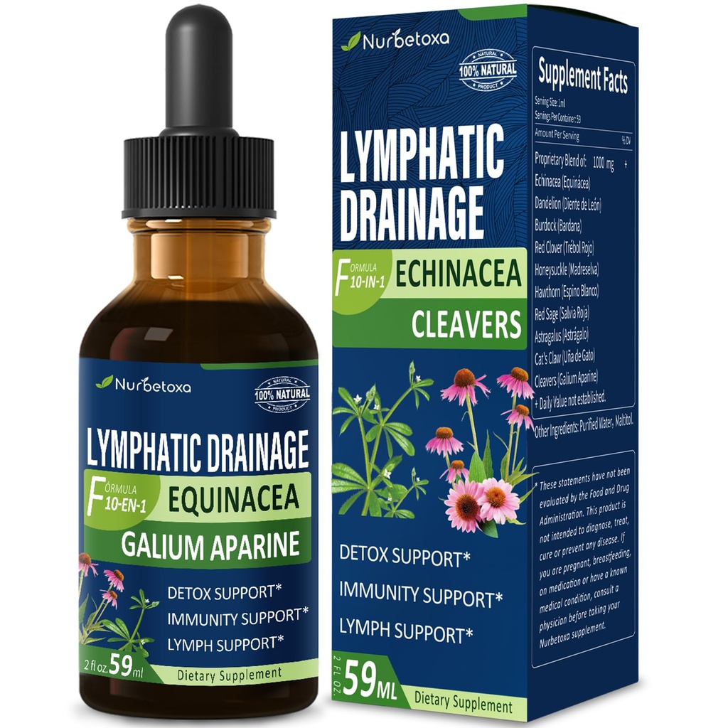 Cleavers gocce di drenaggio linfatico per Lymph Sistema Detox Cleanse, Lymphedema Support Supplement Formula w/Echinacea, Claw del gatto, Red Clover Extract Tincture, Utilizzare con Lymph Massage Tool. 2oz