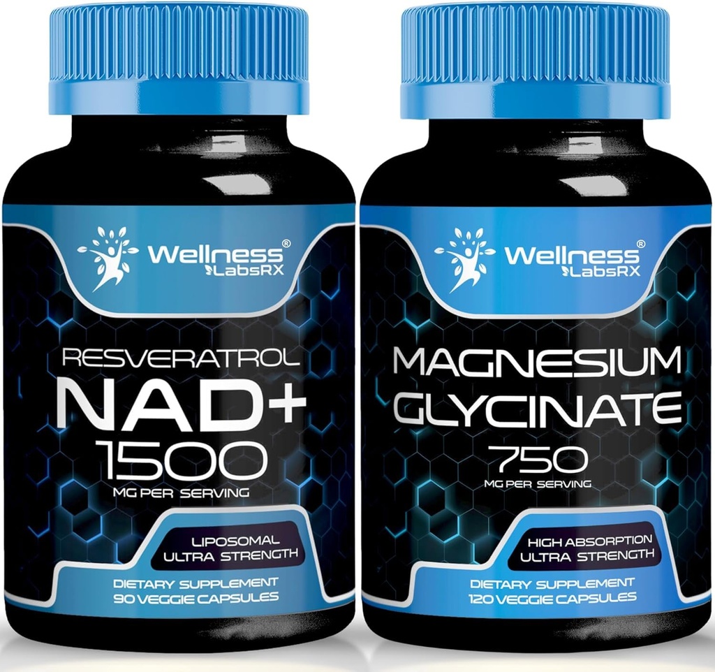 Magnesio Glycinate Capsule - 750mg - Magnesio Supplemento Alto Assorbimento Supplemento NAD, 1500mg - Liposomal NAD+ Integratore con Resveratrolo