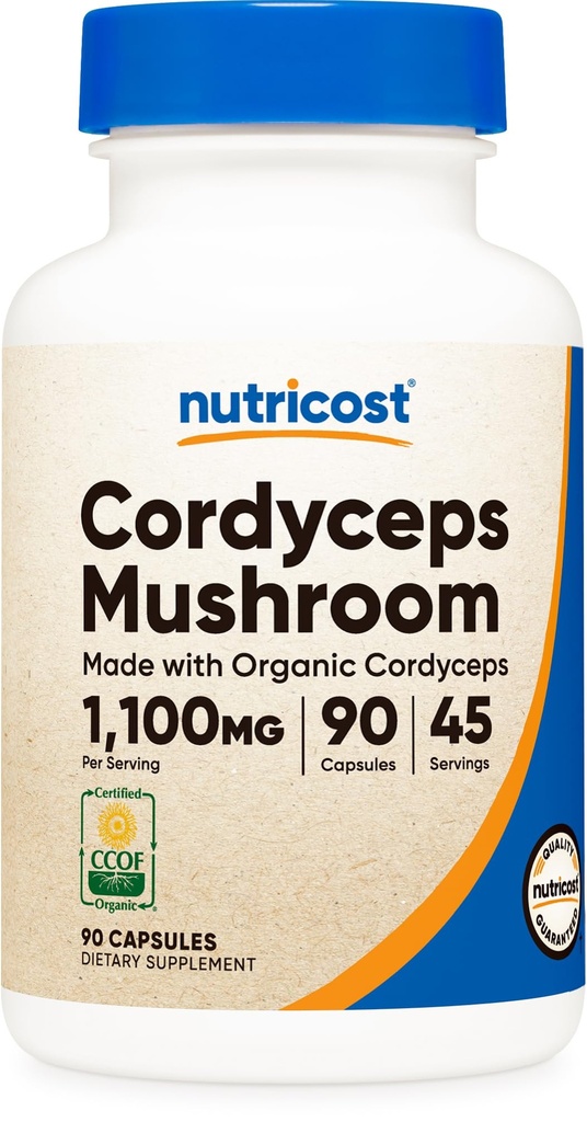 Nutricost Cordyceps Mushroom Capsule 1100mg, 45 Serv - Certificato CCOF con Organico, Vegetariano, Gluten Free, 550mg Per Capsule (90 Capsule)