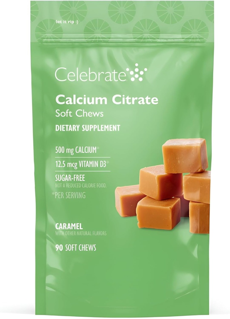 Celebrare Vitamine Bariatric 500mg Calcium Citrate Soft Chews con 500 IU Vitamin D3 – Essenziale per Gastric Bypass Pazienti & Bone Salute - Zucchero & Gluten Free, Caramel (90 Chews)