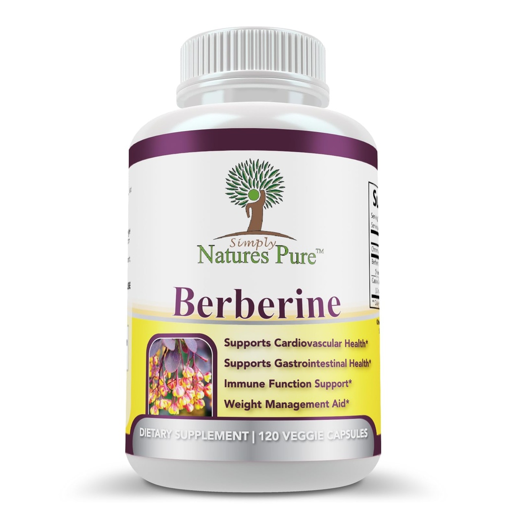 Semplicemente Natura Pure Premium Berberina HCl 500mg - 120 Capsule - Cardiovascolare Supporto Immune Gastrointestinale - Cannella Cromo