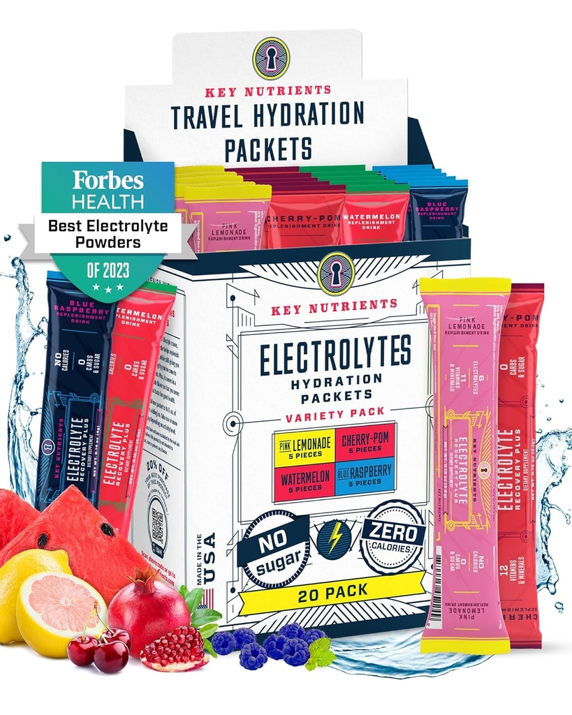 Imballaggio della polvere degli elettroliti di KEY NUTRIENTs No Sugar - 4 sapori deliziosi in confezioni di idratazione 20 Pack - nessun Calorie, pacchetti di polvere di elettroliti senza glutine - Keto Friendly, Non OGM, Made in USA