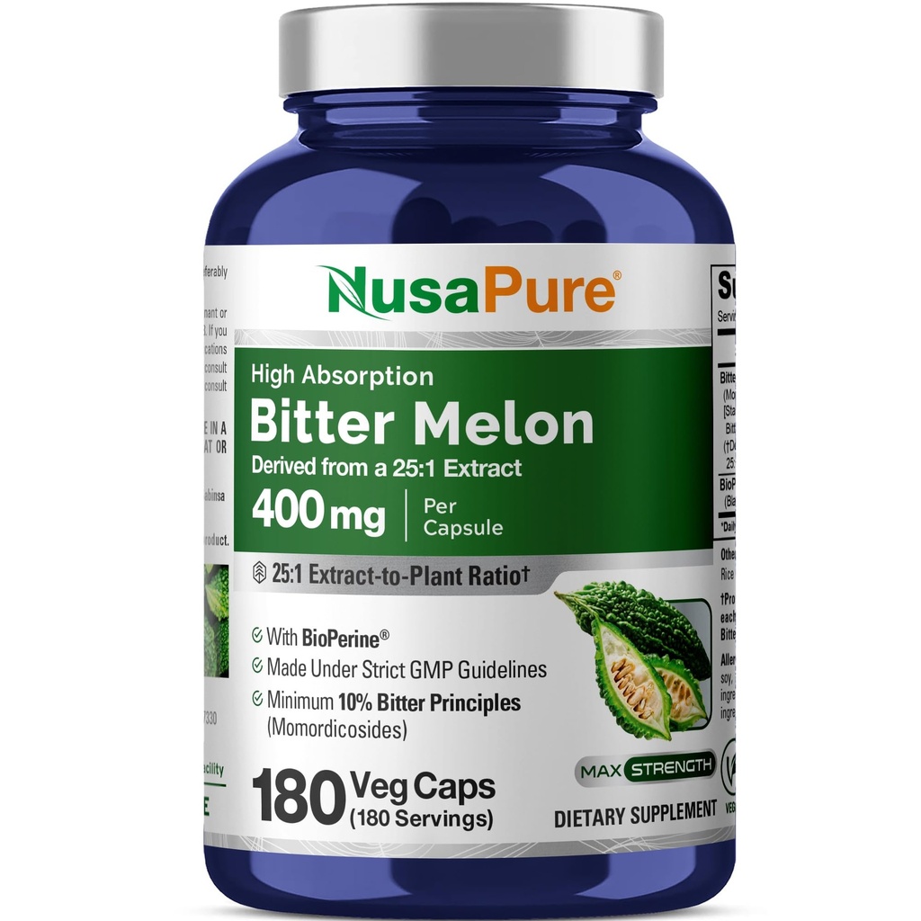 NusaPure Bitter Melon Estrarre 10.000 mg 180 Vegan Caps (100% Vegetariano, Non OGM, Senza Glutine, 10% Principi Bitter) Bioperine