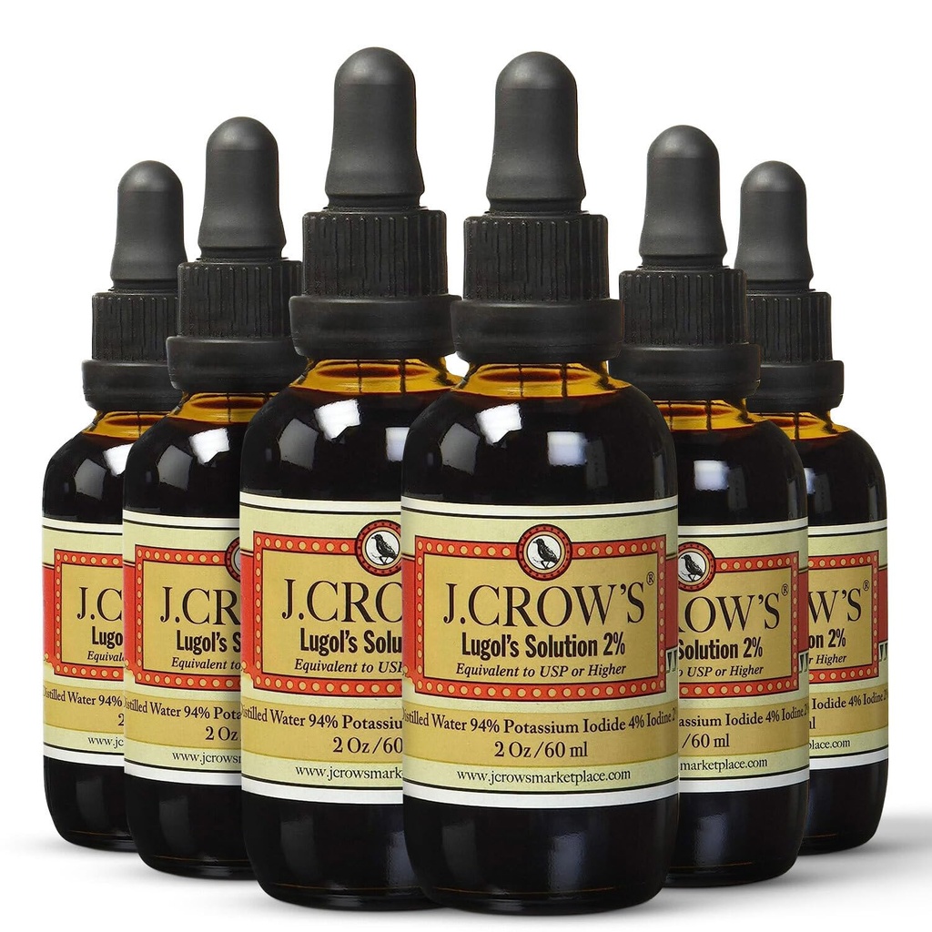 J.CROW'S® Lugol's Solution of Iodine 2% 2 oz (6 bottiglie) – Premium Iodine & Potassium Iodide Liquid, Gluten &, Alcohol-Free Natural Brine Extract, No Expiration