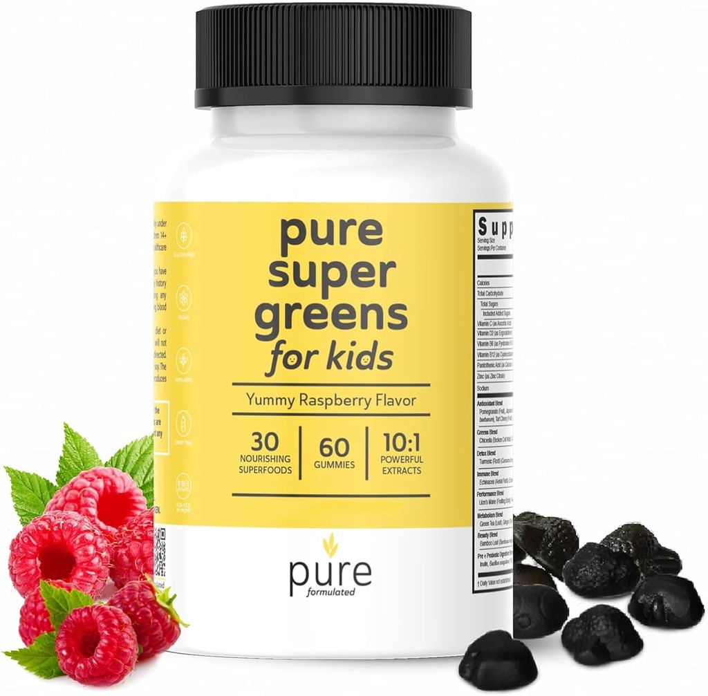 Super Greens Multivitamin Gummies per adulti e bambini Supporto immunitario e salute digestiva - Supplemento probiotico giornaliero fibra frutta e verdura pancia masticabile - Raspberry Flavor - 60-Day alimentazione