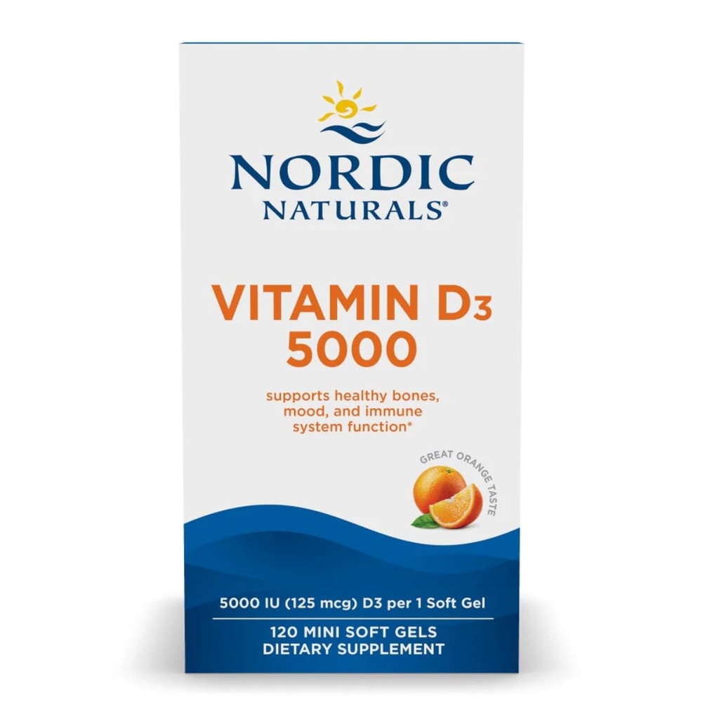 Nordic Naturals Vitamin D3 5000, Arancione - 120 Mini Gel Morbidi - 5000 IU Vitamin D3 - Supporta Bones sani, Mood & Immune System Funzione - Non-OGM - 120 Serve