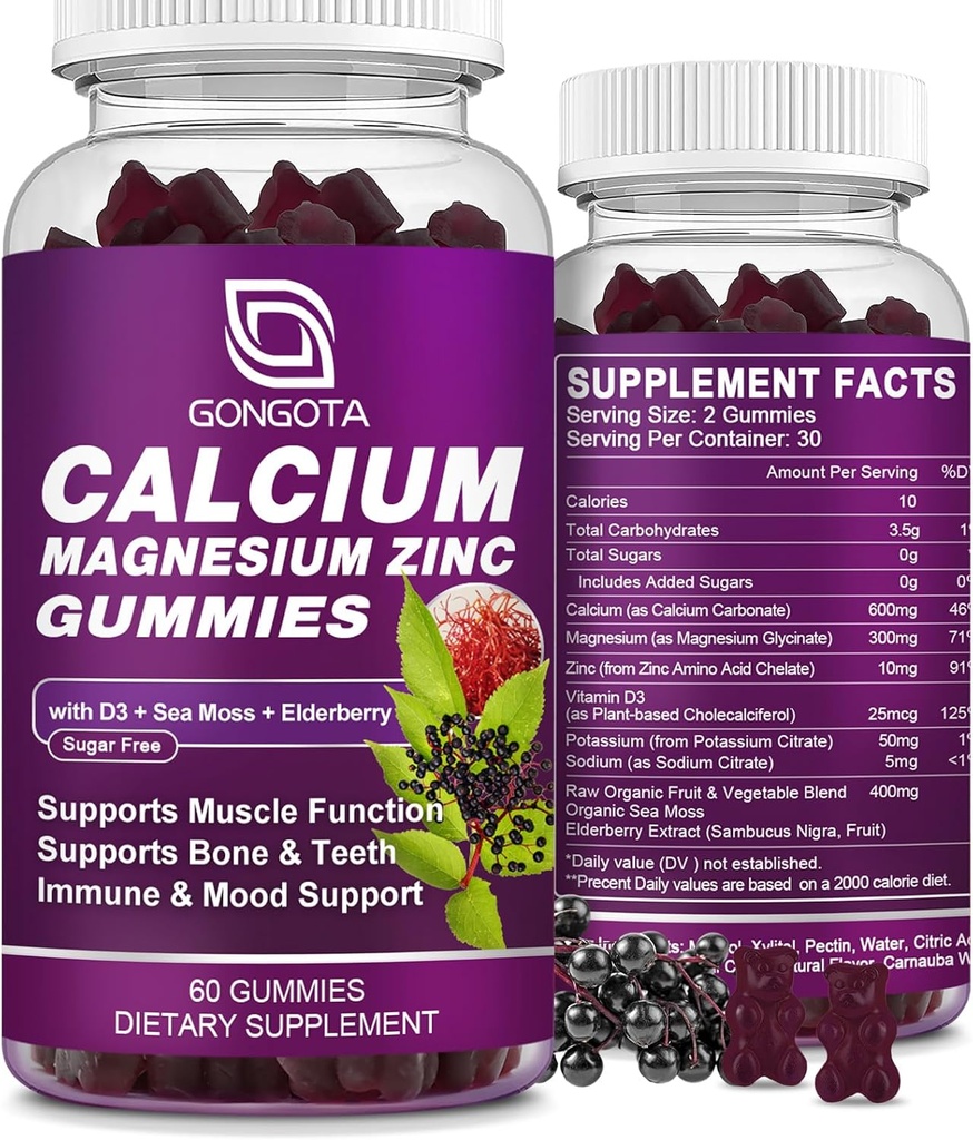 Zinco di Magnesio di calcio con vitamina D3 Supplemento, Gummie di calcio altamente assorbenti con 300 mg di Magnesio supporto glicinato Bone & denti, Muscolo per adulti e adolescenti,Sgar Free, Vegan - 60 Conte