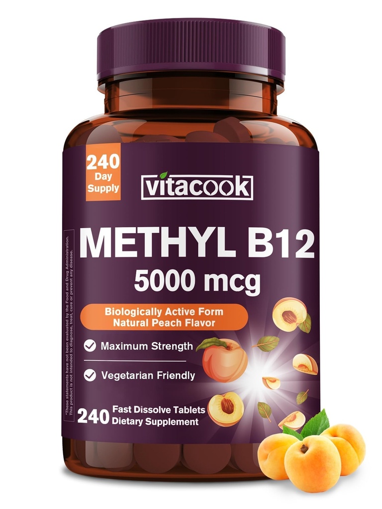 Vitamina B12 Sublingual, Methylcobalamin 5000mcg per la produzione di energia, energia, Nerve & supporto cellulare, Natural Peach Flavor, Vegan, Zero Sugar, 240 compresse dissolve veloci
