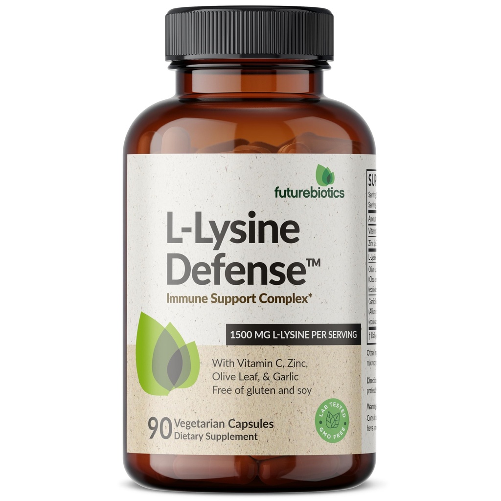 Futurebiotici L-Lysine Defense Immune Support Complex 1500 MG Per Serve con Vitamina C, Zinco, Olive Leaf & Garlic - Non OGM, 90 capsule vegetariane
