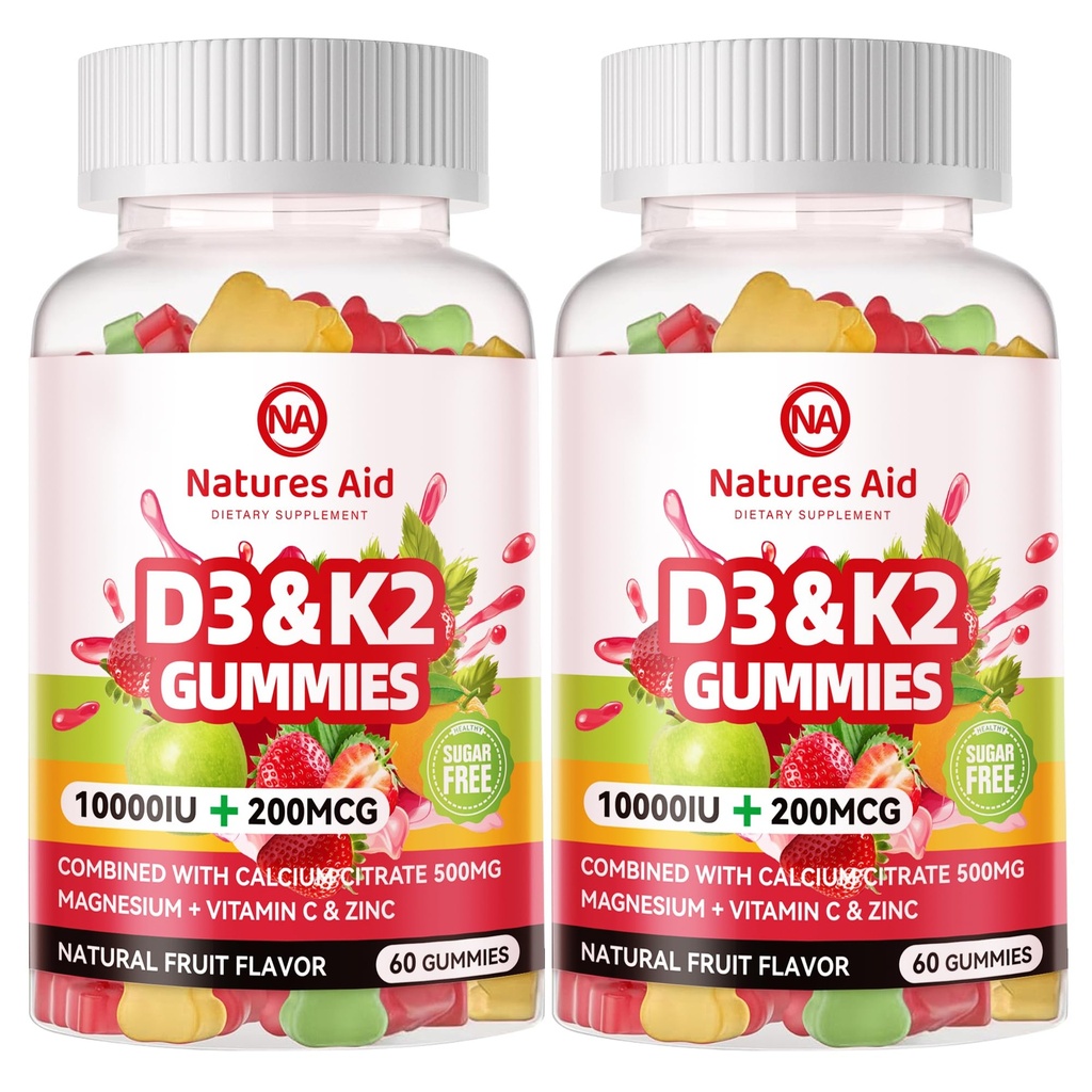 Nature Aid Zucchero-Free Vitamina D3 K2 Gummies con Calcio + K2 (MK-7), Citrato di Magnesio, Vitamina C, Extra Forza - Assorbimento finale per i denti del muscolo Bone Immune, Vegan - 120 Gummies