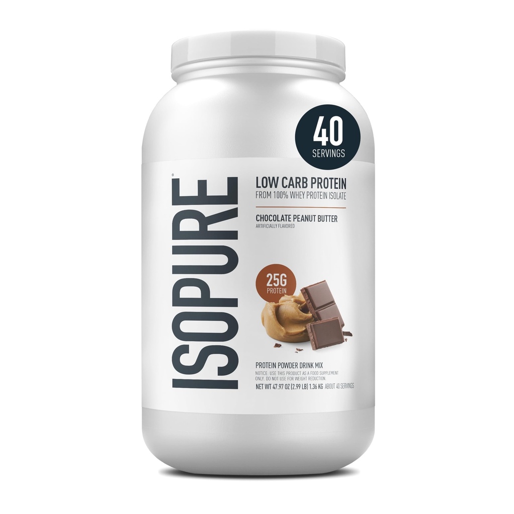 Isopure basso carb 100% polvere di proteine isolate di siero puro, senza lattosio, senza glutine, con vitamine, burro di arachidi al cioccolato, 25g proteine per porzione, 3 Lbs, 40 Servings (Packaging May Vary)