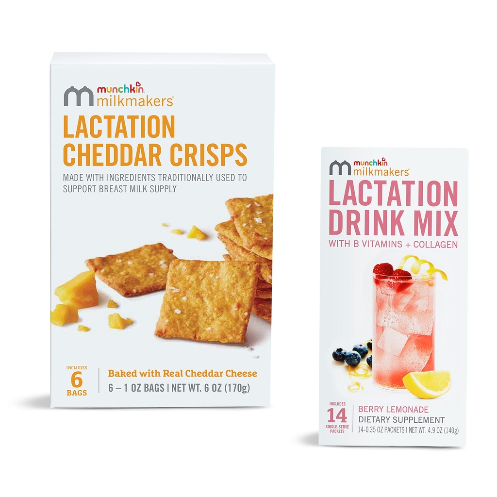 Munchkin® Milkmakers® Lactation Drink Mix Supplemento con B Vitamin & Milk Thistle, 14 Count and Lactation Cheddar Crisps for Breastfeeding Moms with Oats and Flax, 6 Counts
