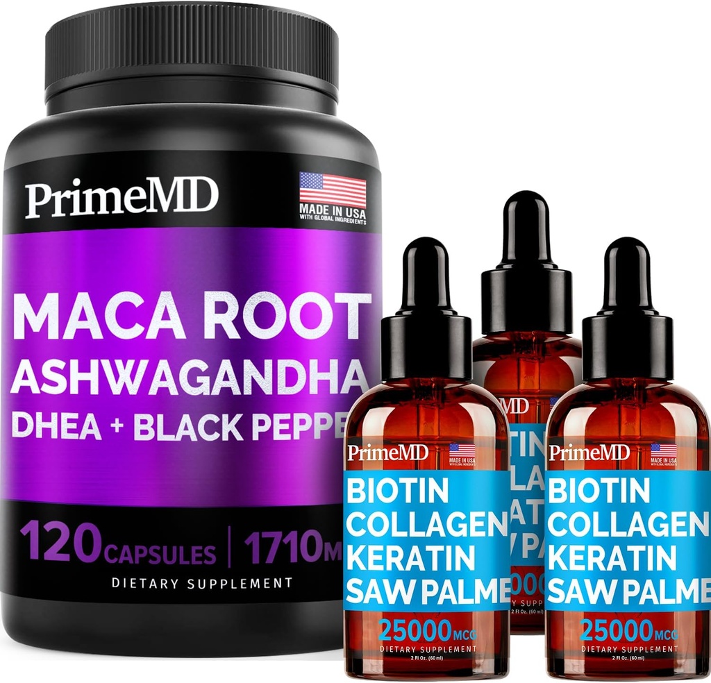 4-in-1 Liquid Biotin Collagen Keratin Saw Palmetto Gocce (2 fl oz - 3 Pack) & 6-in-1 Maca Root Ashwagandha w Black Pepper Fruit (120ct) Bundle - Hair, Skin, Nails, Energy & Mood Support Supplemento