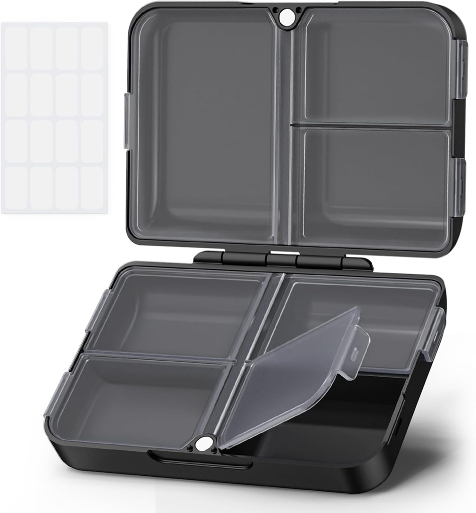 AUVON Daily Pill Organizer si adatta con il tuo borsa o tasca, compatto Travel Pill Box Case con Slim Folding Design e cerniere a lunga durata per mantenere la vitamina, olio di pesce, supplemento o gioielli (nero)
