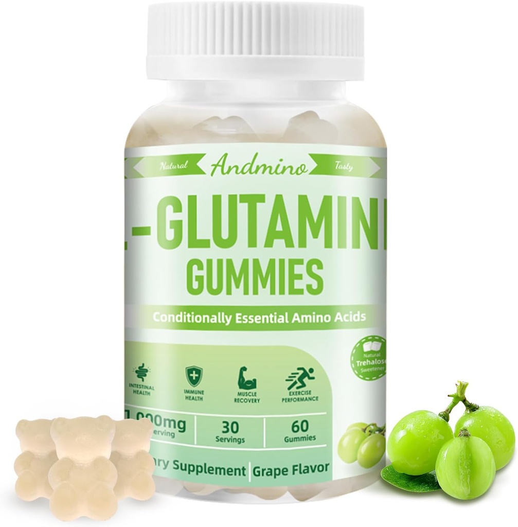 L-Glutamina Gummies 1000 mg, con Trehalose, L Glutamine Supplemento Supporto Intestinale, Boost Immune & Muscle Health, per Adulti & Bambini, Non OGM, Vegan, Gluten Free, Uva Flavor, 60