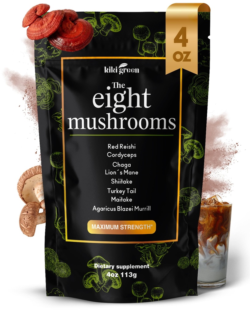 KIKI Green 8 Mushrooms Powder Extract - 4 oz Complesso adaptogenico per Caffè e Smoothies - Lion's Mane, Chaga, Reishi, Cordyceps, Maitake, Shiitake - Focus and Energy