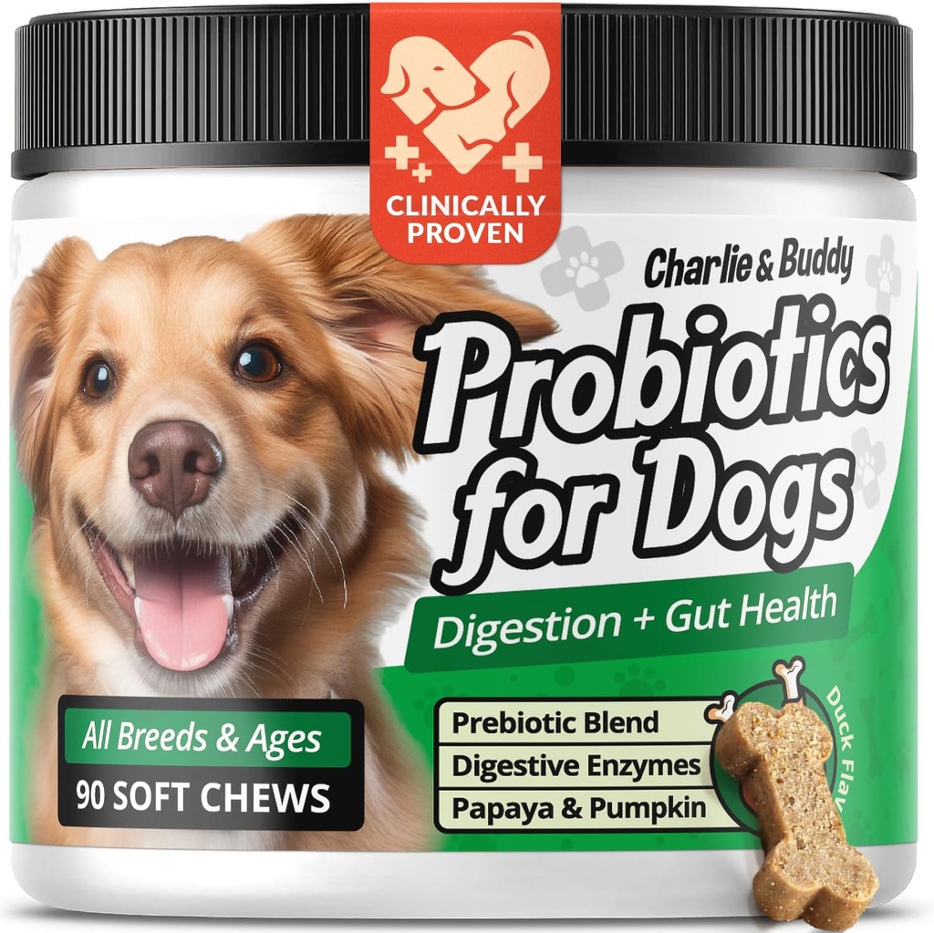 Charlie & Buddy Pet Probiotici per Dogs Aid Gut Flora, Probiotici per la salute digestiva con enzimi digestivi, zucca e Papaya per Upset Stomach, 90 Soft Probiotic Chews for Dogs, Duck Flavor