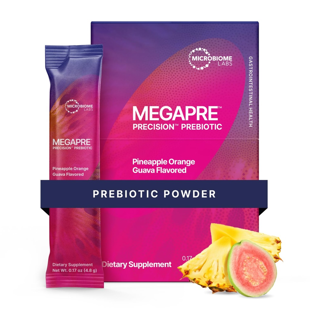 Microbiome Labs MegaPre polvere di fibra prebiotica per le donne, uomini e bambini - polvere di supplemento prebiotico fibra con oligosaccaridi clinicamente testati - Guava arancione ananas (30 Bevande)
