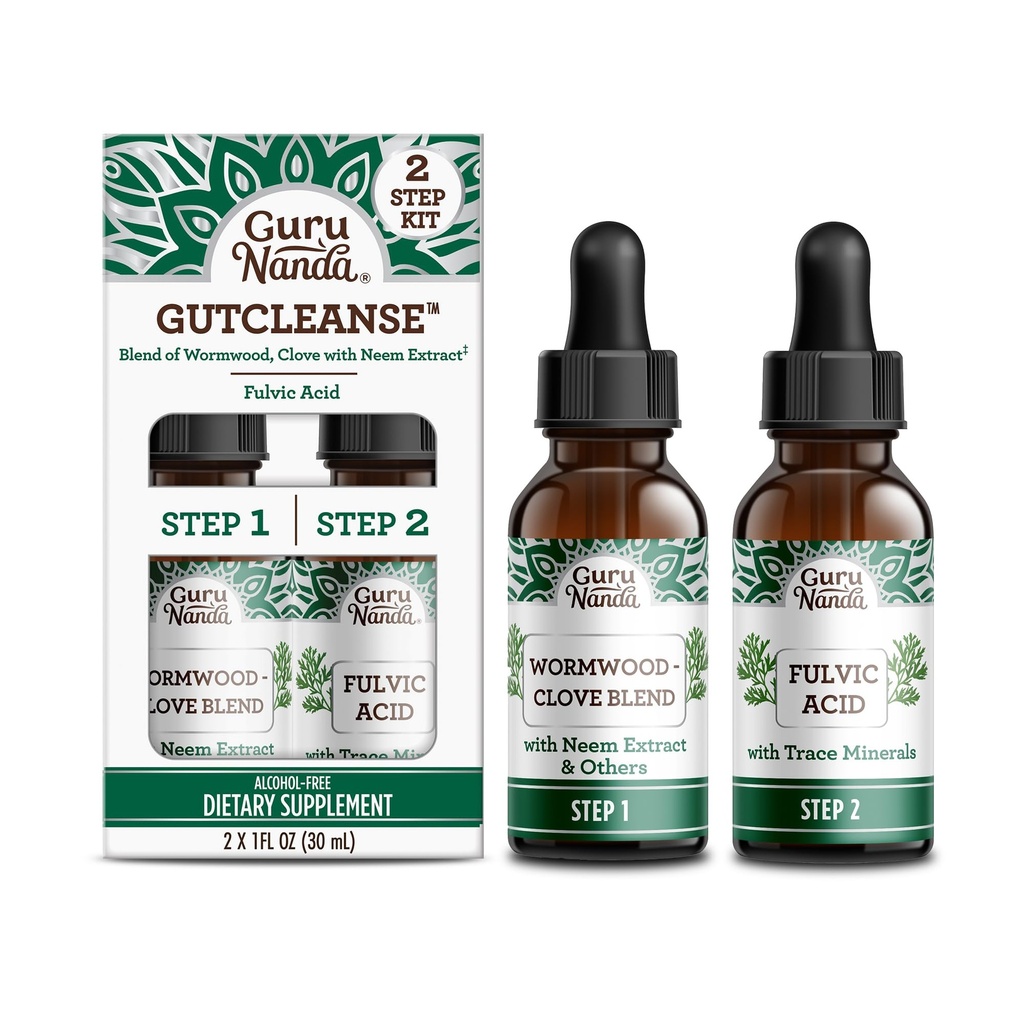 GuruNanda Gutcleanse 2-Step Kit - Integratore alimentare per aiutare con digestione - Miscela di acido Fulvic, Wormwood, Clove & Neem Extract, 2x1 FlOz