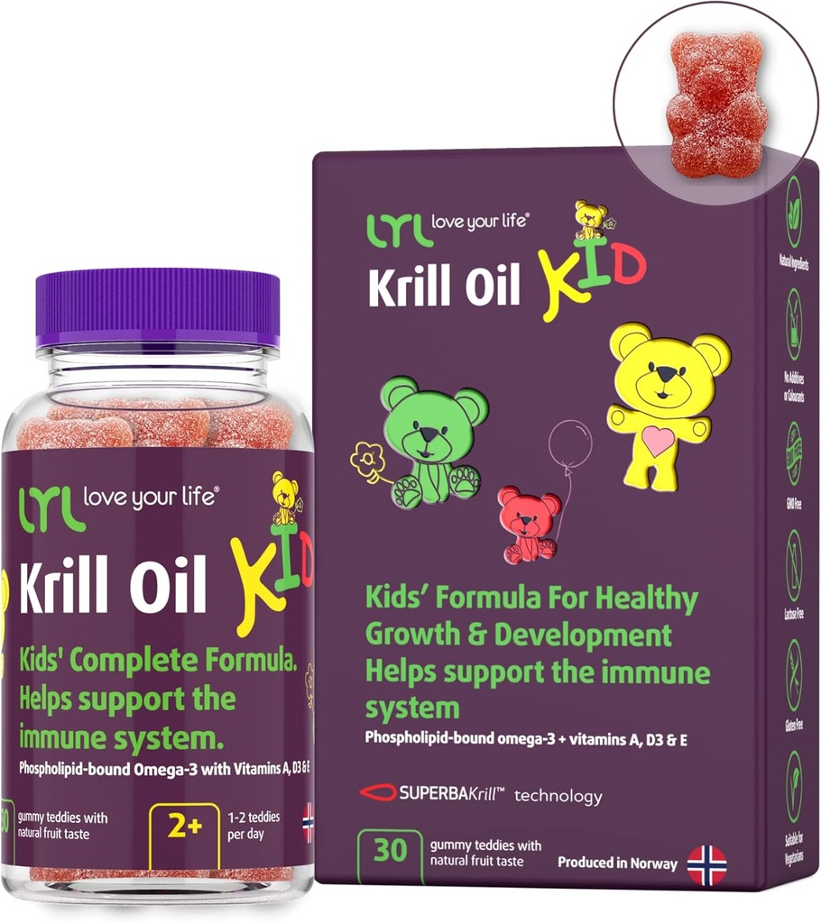 LYL Krill olio Kid Gummy Bears con vitamina D 3, vitamina E e vitamina A - fosfolipidi-bound Omega 3 per la crescita sana e lo sviluppo - Orsi gommosi con arancio, mela e lamponi Gusto (Pack of 30)
