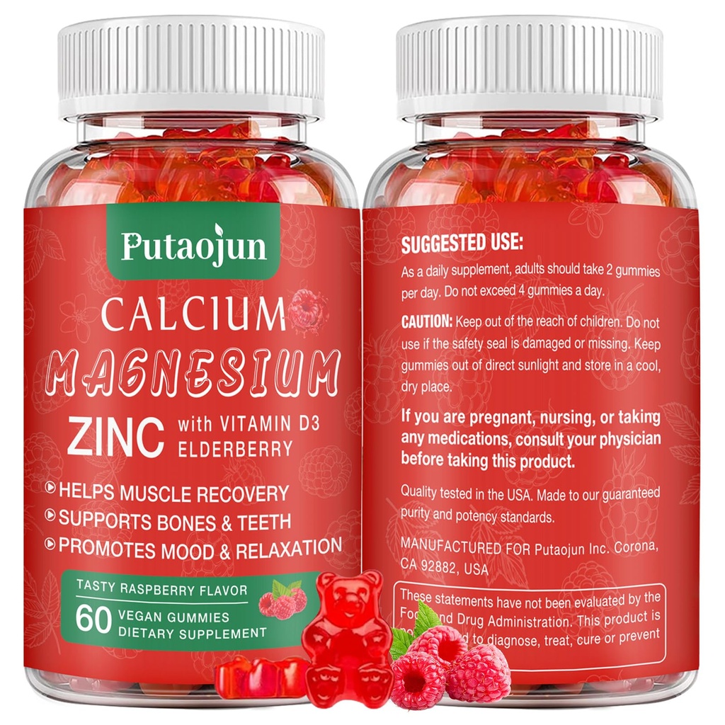 | Alti assorbenti Calcio Magnesio Zinc Gummies, Zucchero Calcium Gratuito Magnesio Zinco Supplemento con D3 | Bone & Teeth Strength | Muscle & Nerve Funzione | Vegan | Raspberry Flavor | 1 Confezione