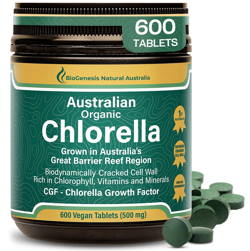 Biogenesis Organic Chlorella Tablets – 600 Count (500mg) | Australian Grown | BioDynamic Cracked Cell Wall | Rich in Chlorophyll, Vitamins & Minerals | Supports Energy & Immunity | Compresse Vegan