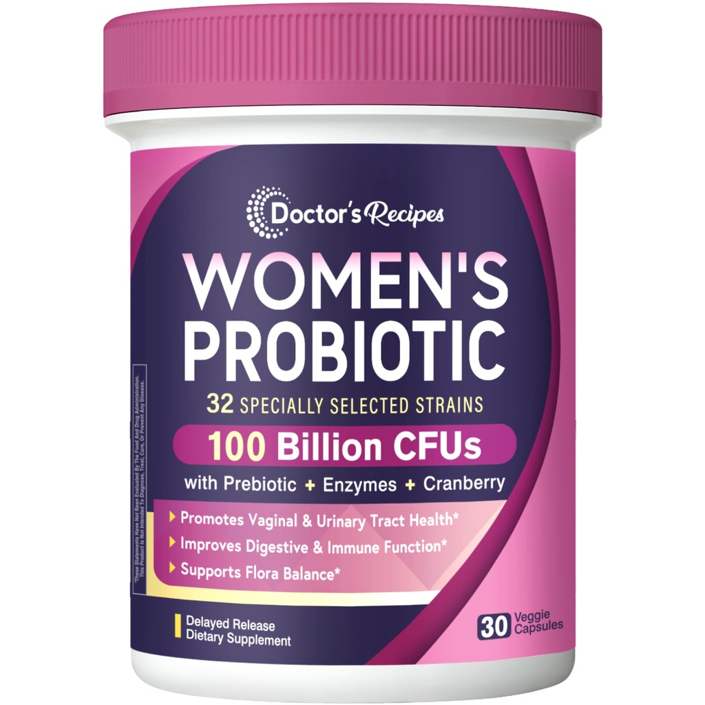 Probiotici per le donne, 100 miliardi di CFU 32 Strains, con fibra prebiotica, enzimi e mirtillo, vaginale urinario digestivo & immune, no lievito, shelf stabile, rilascio ritardato, 30 caps