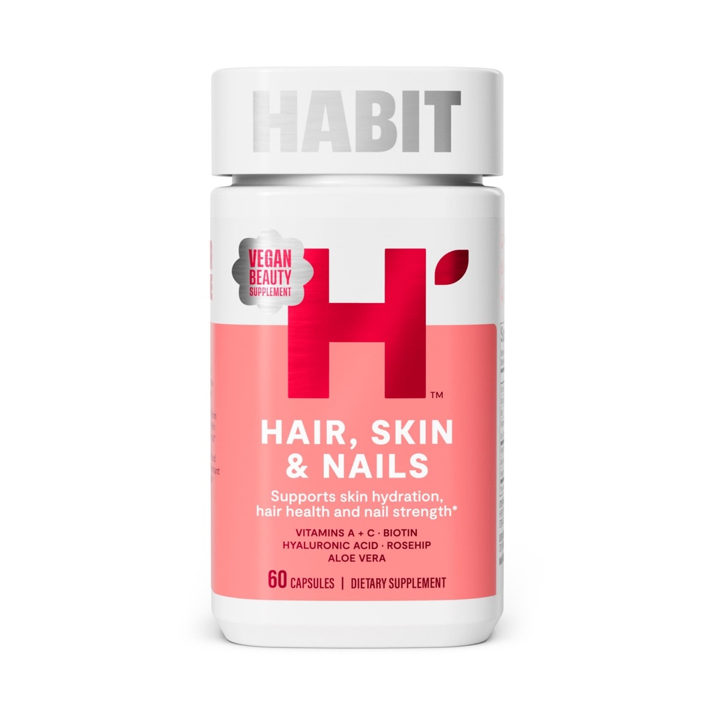 Habit Hair, Skin & Nails Supplement (60 capsule) - Nuovo look, Supporta l'idratazione della pelle, Hair & Nail Strength, Biotin 2000mcg, Vitamina A & C, Acido ialuronico, Rosehip, Vegan, Non OGM (1 confezione)