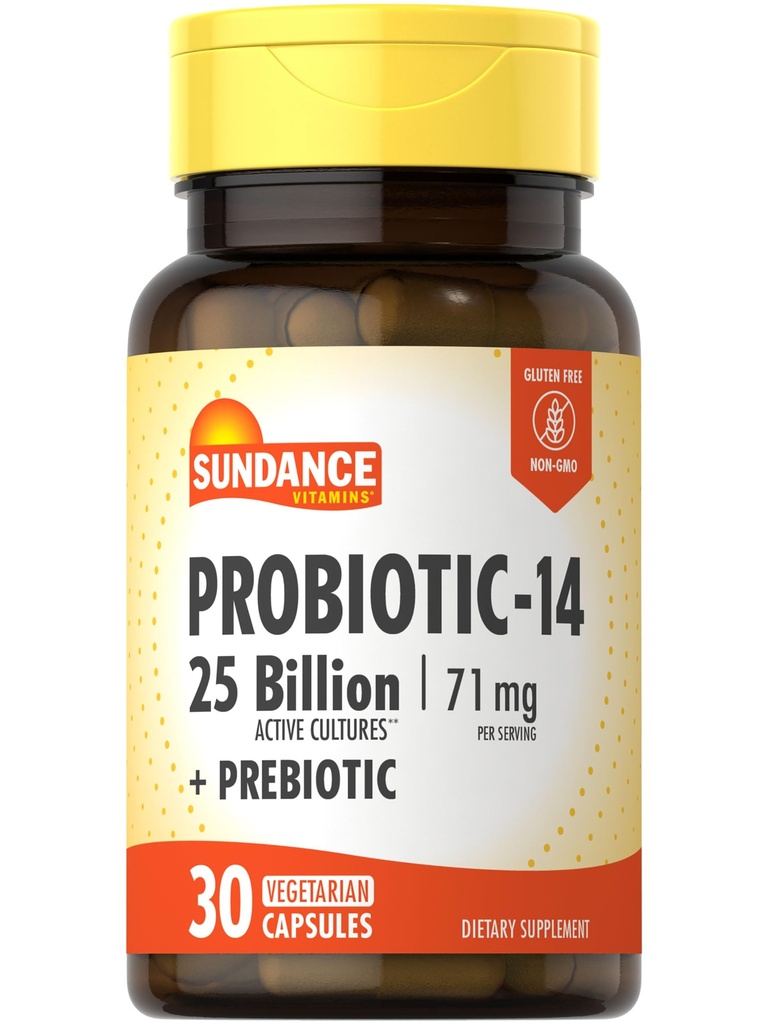 Sundance Probiotic-14 | 25 miliardi di culture | 30 capsule | con Prebiotici | Vegetariano, Non OGM e Gluten Supplemento gratuito