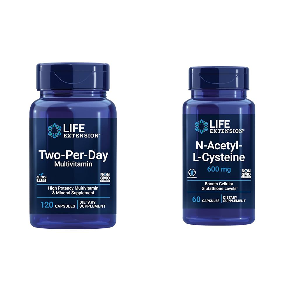 Estensione di vita Multivitamina di due giorni, vitamine B, C, D, zinco, 25 vitamine, minerali ed estratti, 120 capsule Bundle con N-Acetyl-L-Cysteine (NAC) 600 mg, 60 capsule
