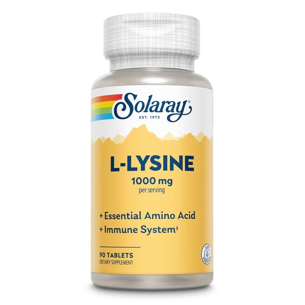 SOLARAY L Lysine - Free-Form Essential Aminoacido - Integratore di supporto immunitario con 1000mg L-Lysine, 1000mg Vitamina C e 25mg Chelated Zinc - Lab verificato, 60-Giorni di garanzia, 30 Serve, 90 compresse