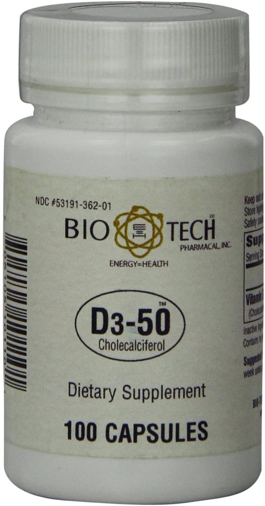 Bio-Tech Pharmacal D3-50 50,000 IU, 100 capsule Ð Integratore Naturale Ð Supporta Bone, Cuore Neuromuscolare, & Salute Immune Ð No Dairy, Pesce, Pesce, Pesce, Pesce, Pesce, & Soia