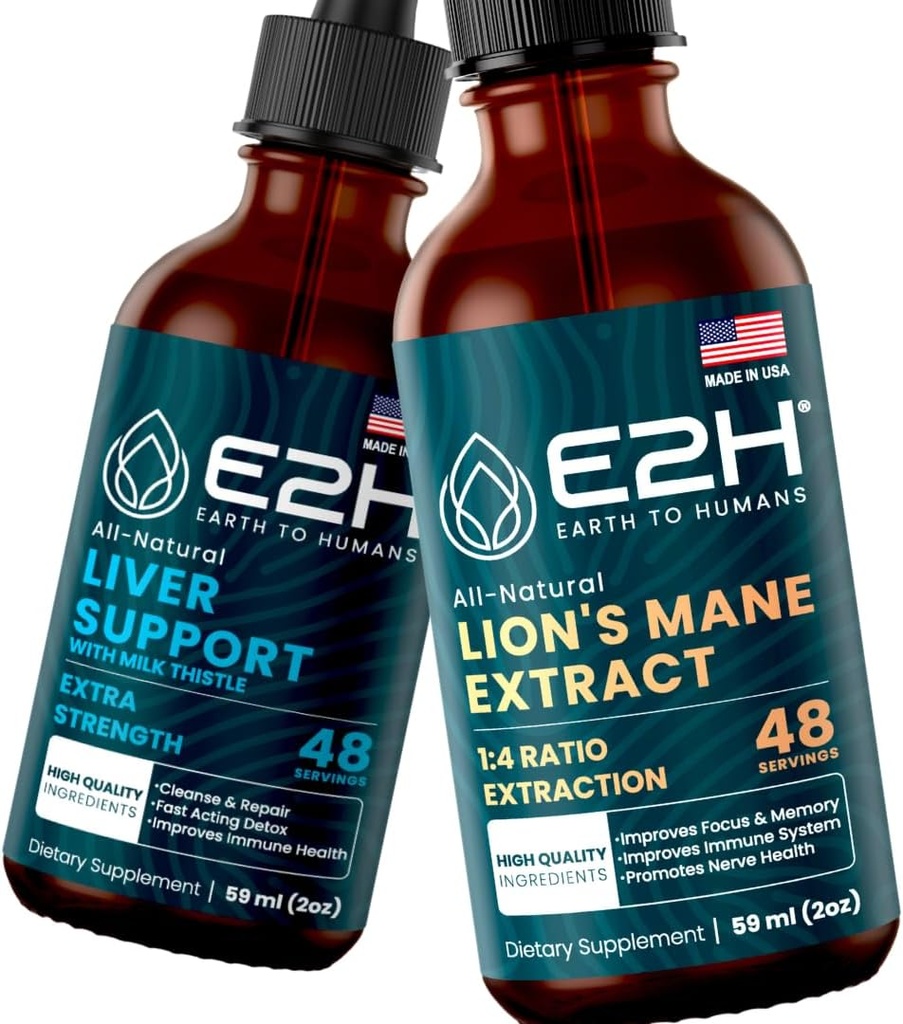 E2H: Supporto per fegato Supplemento e cordyceps Mushroom Supplemento | Vegan, Non OGM - 2 Fl Oz Ogni (4 Fl Oz Totale) - Bundle