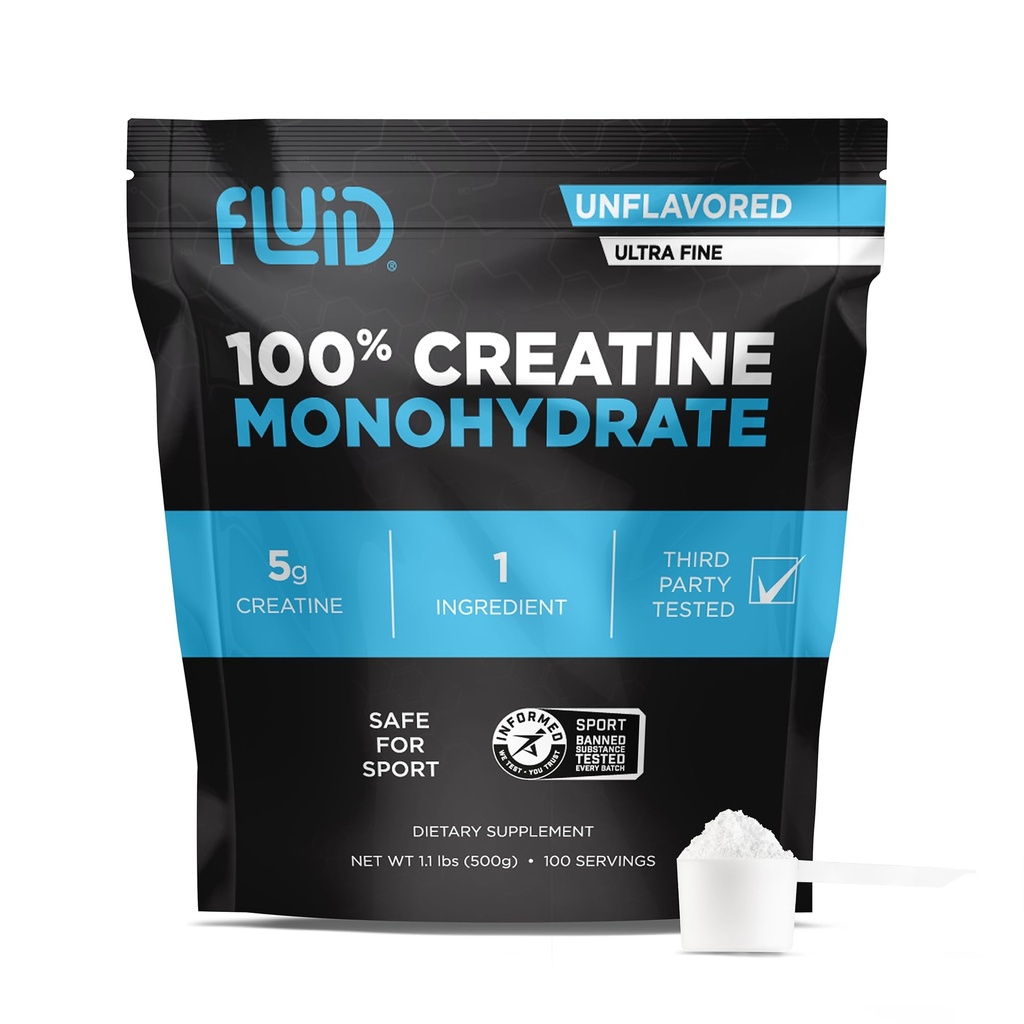 Creatina fluida - Polvere monoidrata 100% creatina, certificata sport non aromatizzata, 5g per porzione (100 Serve)