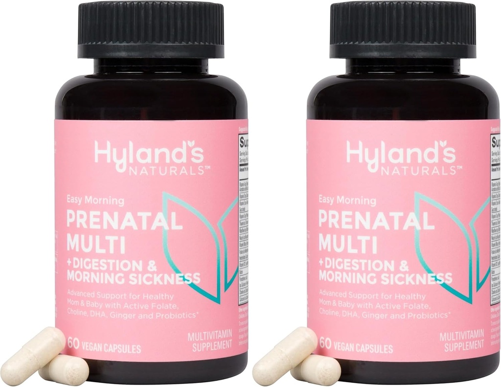 Hyland's Easy Morning Prenatal Multivitamin and Digestive Health and Morning Sickness Relief, 60 Vegan Capsules, con Folate, Choline, Zinc, Ginger Root, Prebiotics e Algae DHA (Pack of 2)