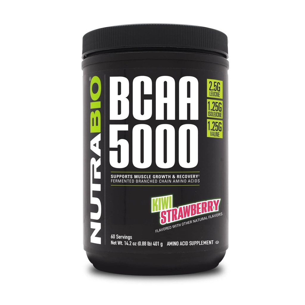 NutraBio BCAA 5000 Polvere - Vegan Fermented BCAAs - Supporta la crescita muscolare magra, Recupero, Endurance - 60 Servings - Kiwi Strawberry