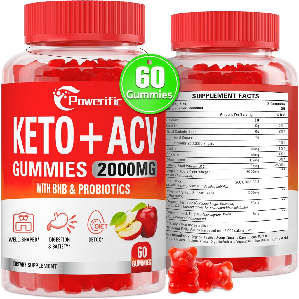 Aceto di sidro di mele Gummies, Keto ACV Gummies Max Strength 2000mg Aceto di sidro di mele con Madre, Probiotici & Vitamina B12, per digestione, Metabolismo, dieta di Cleanse & Detox, 60 Conte