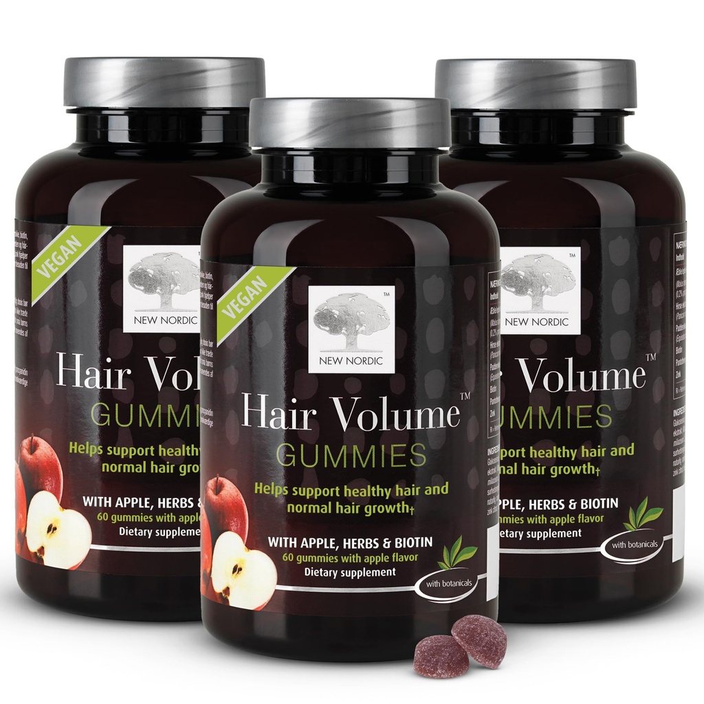 NUOVO NORDIC Hair Volume Gummies, 2500 mcg Biotin, Daily Hair Vitamins Supplement to Support Hair Skin & Nails, Vegan, 60 Count (Pack of 3)